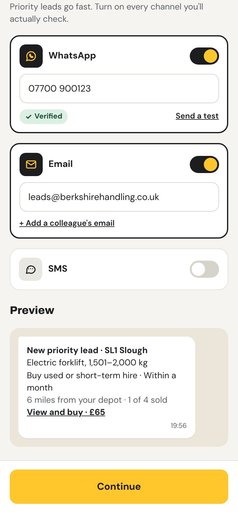 Lead alerts on WhatsApp and email