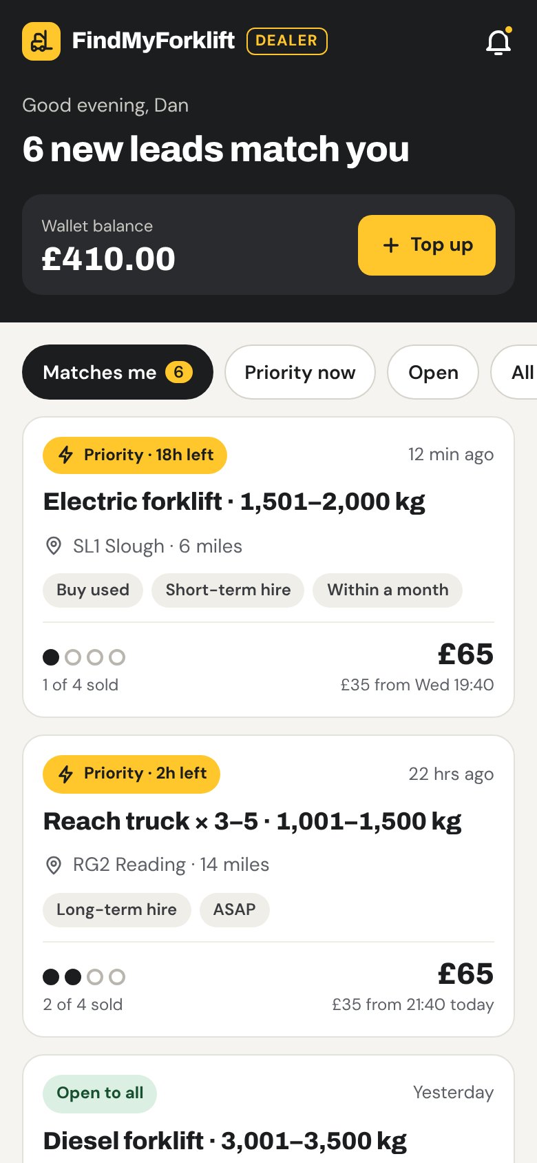 Dealer app: list of leads matching your stock and area
