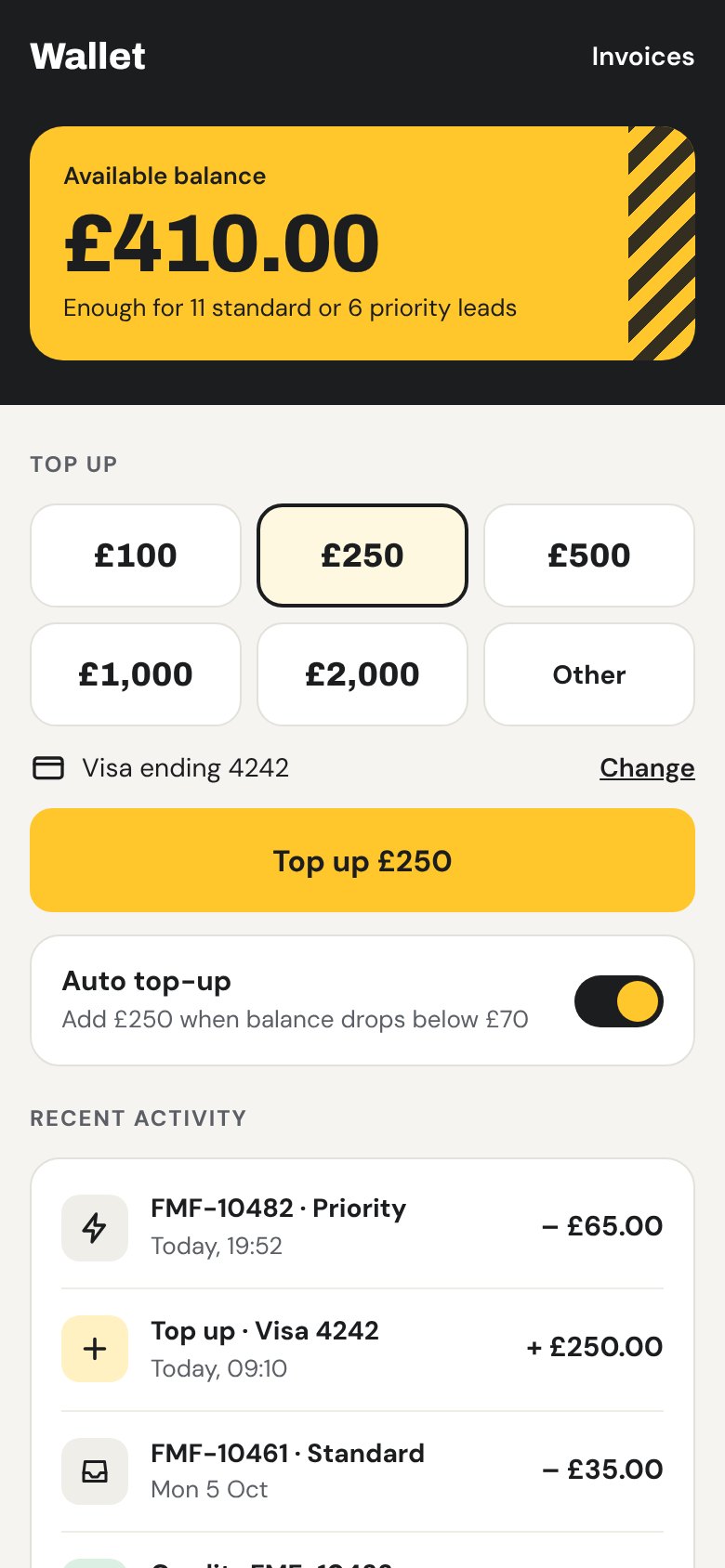 Wallet and top-up screen